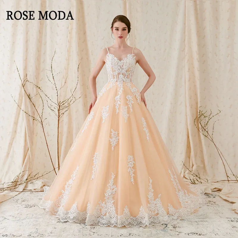 Rosemoda Champagne Ball Gown Wedding Dress With Illusion Corset Bodice
