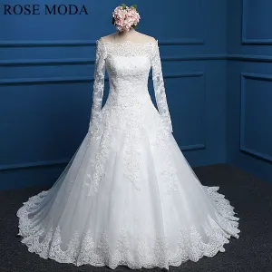 Rosemoda off-the-shoulder Dropped Lace Ball Gown Wedding Dress with Long Sleeve