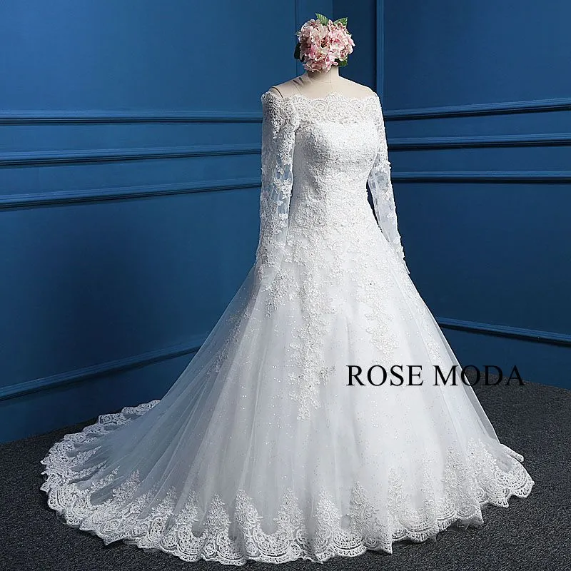 Rosemoda off-the-shoulder Dropped Lace Ball Gown Wedding Dress with Long Sleeve