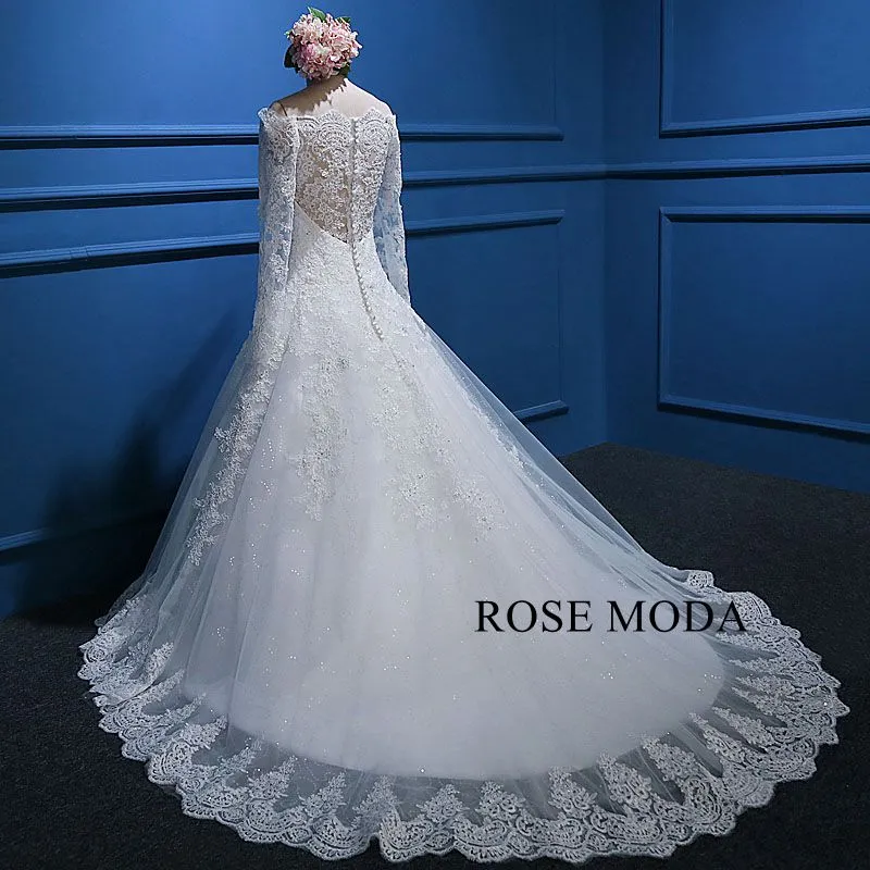 Rosemoda off-the-shoulder Dropped Lace Ball Gown Wedding Dress with Long Sleeve