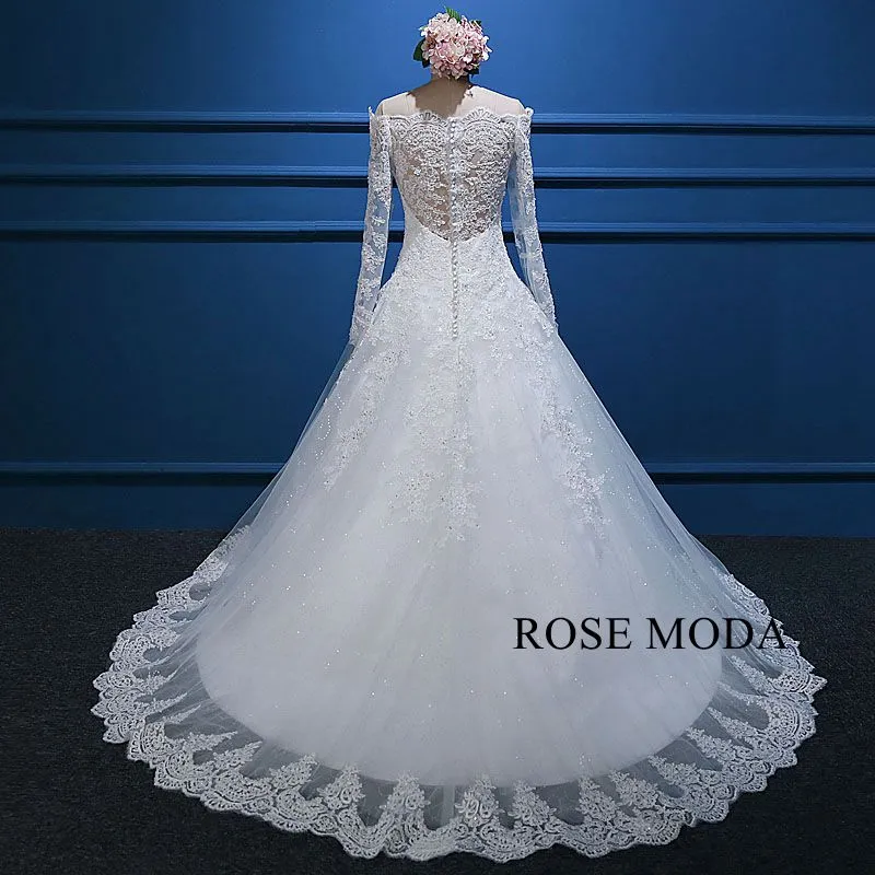 Rosemoda off-the-shoulder Dropped Lace Ball Gown Wedding Dress with Long Sleeve