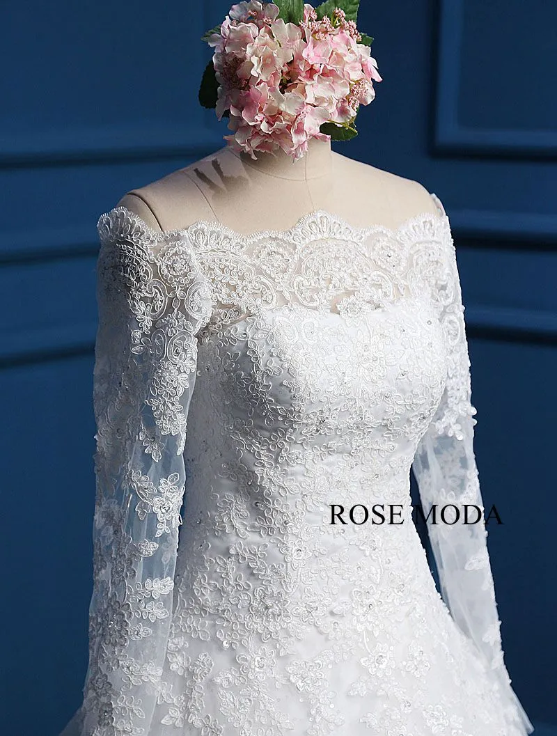 Rosemoda off-the-shoulder Dropped Lace Ball Gown Wedding Dress with Long Sleeve