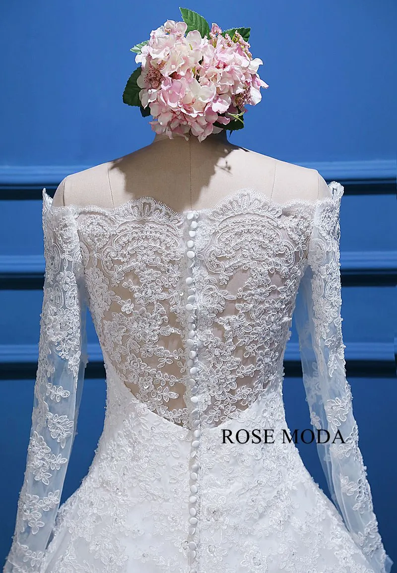 Rosemoda off-the-shoulder Dropped Lace Ball Gown Wedding Dress with Long Sleeve