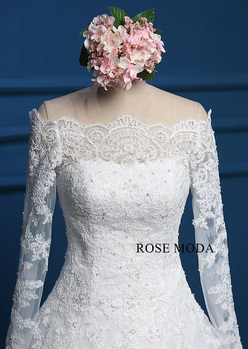 Rosemoda off-the-shoulder Dropped Lace Ball Gown Wedding Dress with Long Sleeve